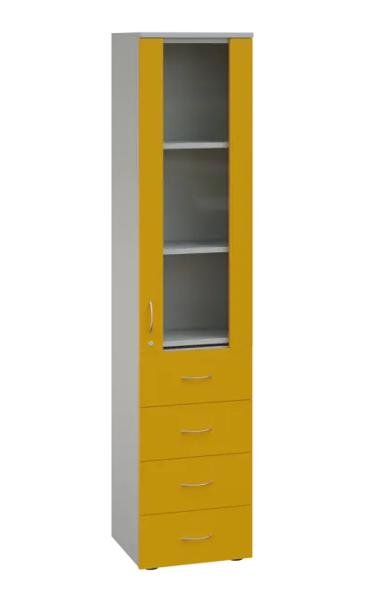 LE - 44 skříň léková prosklená, pravá, korpus šedý, dvířka žlutá odio